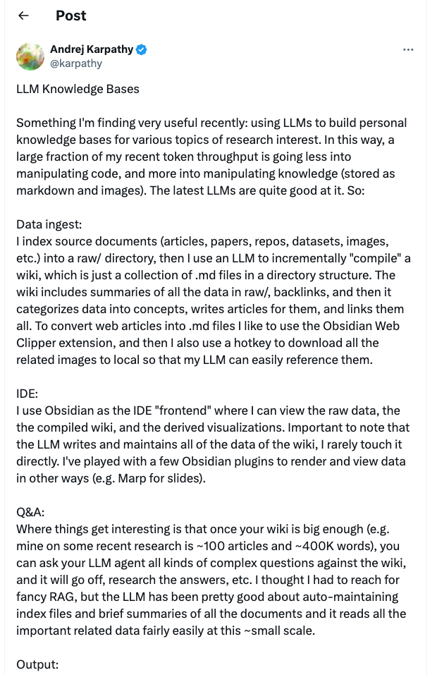 Karpathy tweet on LLM Knowledge Bases